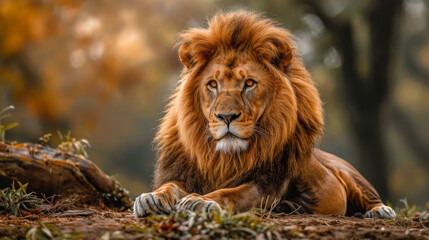 A lion is laying on the ground in a forest