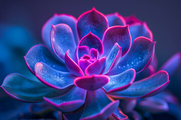 Close up of Vibrant Colorful Succulent with Neon Blue and Pink Lighting