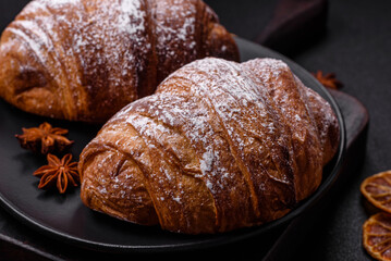 Delicious fresh sweet crispy croissant with chocolate