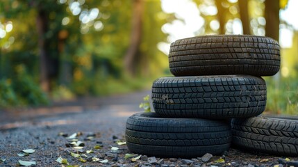 Stack pile of tires on the ground in outdoor background. AI generated - Powered by Adobe