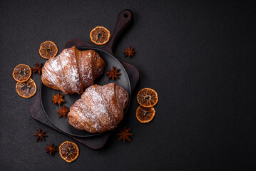 Delicious fresh sweet crispy croissant with chocolate