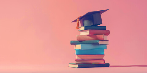 Stack of Books with Graduation Cap on Top