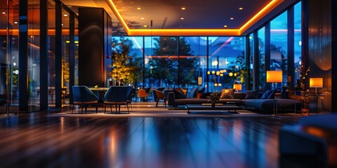 blur hotel lobby scenery background with bokeh light, Generative Ai