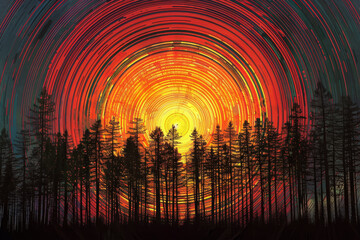 A large orange sun is in the center of a circle of trees