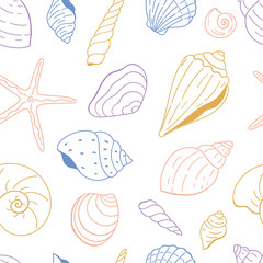 Seamless vector pattern with a variety of seashells.
