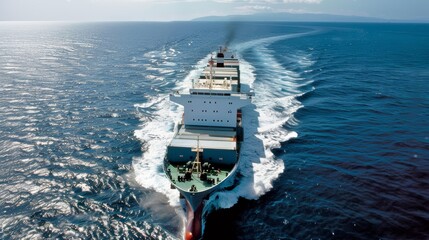 Large freight ship cruising on the ocean, rear view. Maritime transport and global logistics concept. Suitable for shipping industry advertising, poster