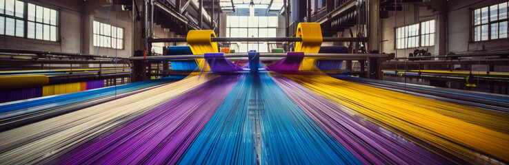 Textile Factory with Vibrant Threads of Purple and Yellow Spinning