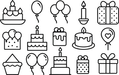 Black and white set of vector icons for birthday, happy birthday, gifts, balloons, cakes and candles