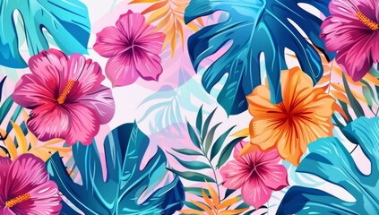 Tropical leaves and flowers in pink, turquoise blue, orange and red colors on a white background Generative AI