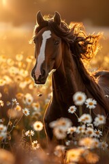 A small brown horse is running through a field of flowers