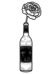 rose flower in a bottle of wine sketch engraving PNG illustration. T-shirt apparel print design. Scratch board imitation. Black and white hand drawn image.