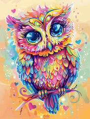 Fototapeta premium Colorful bright Kawaii owl with big eyes on a background of a heart and a star