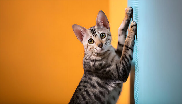 katze, graue, h&auml;lt, sich, an, wand, fest, copy space, solid, tier, background, orange, Lila, spa&szlig;ig, cartoon, kletternd, klettert, atelier, studio, bunt, guckt, um, die ecke, reklame, gestalten, Kunst