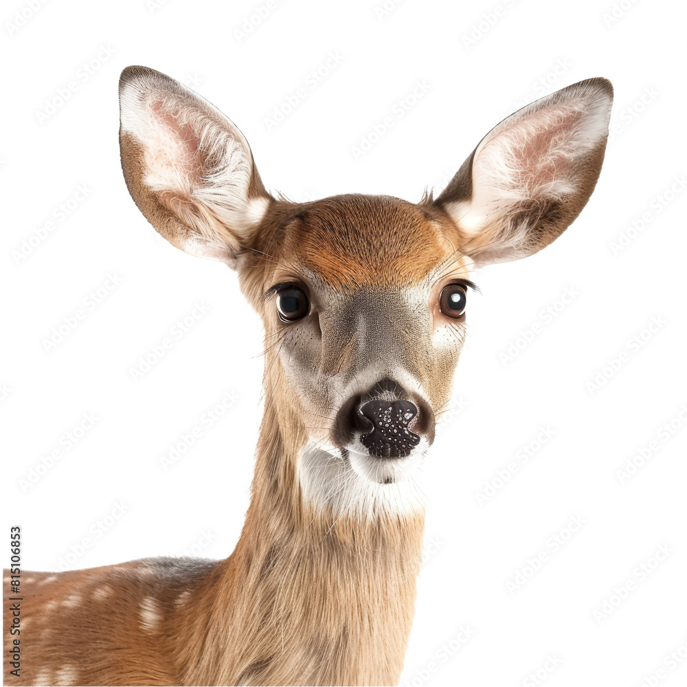 Poster a fawn standing in front of a white backdrop, displaying intricate details of its features, a beaver