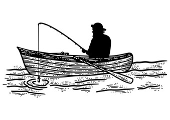 fisherman in boat fishing sketch engraving PNG illustration. T-shirt apparel print design. Scratch board imitation. Black and white hand drawn image.