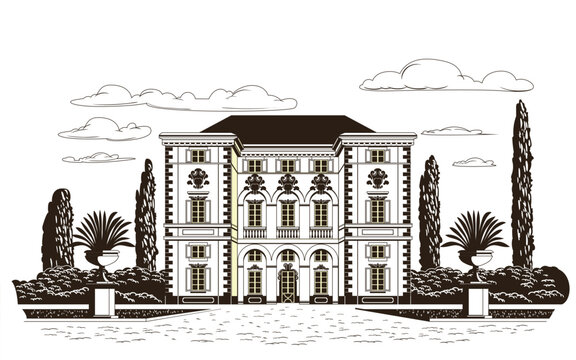Traditional romantic old chateau with a garden, flowering beds, cypress trees in the background. Graphic monochrome landscape. Engraved hand drawn old sketch vector.