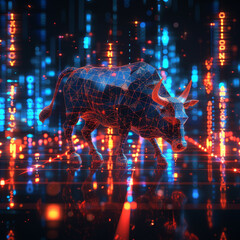 A bull is standing in a cityscape with neon lights