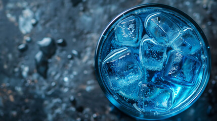 Blue cocktail close up with ice cubes and water drops