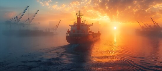 Global Trade in Motion Cargo Ships and Cranes Operate at a Industrial Port during Sunset