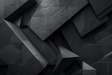 Bold geometric shapes in shades of black and charcoal, intersecting and overlapping to create a...