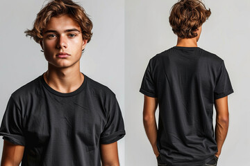 A stylish portrait of a young man wearing a blank black t-shirt, exuding confidence and modernity in a studio setting.