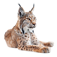 Obraz premium A Eurasian lynx is lying down on a Png background, a eurasian lynx isolated on transparent background