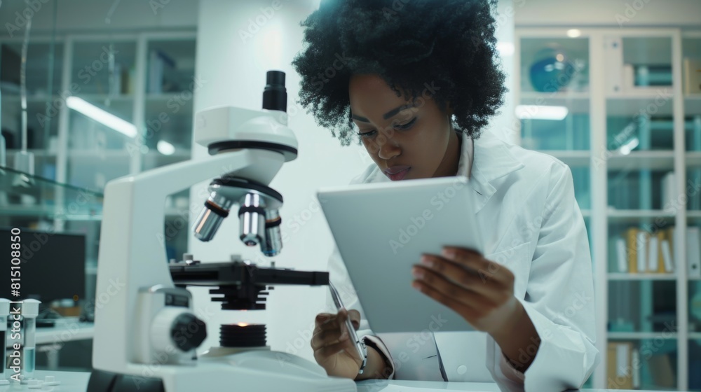 Poster scientist analyzing data in lab