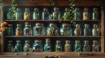 Herbalists Apothecary Cabinet Brimming with Labeled Herbs and Remedies
