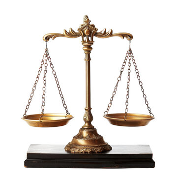 A gold scale of justice sits atop a wooden base against a Png background, a Fairness scales of justice isolated on transparent background