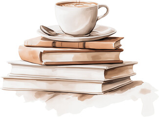 Stack of books and cup of coffee. Generative AI.