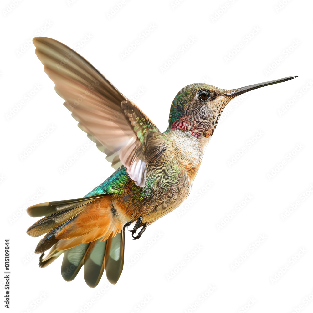 Poster a hummingbird is soaring gracefully through the air, displaying vibrant colors and swift movement, a