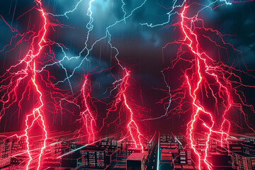 Red lightning bolts crackling across a cybernetic sky, symbolizing the electrifying pace of technological advancement driven by AI innovation.