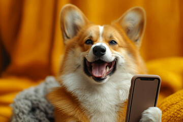 A happy and funny corgi dog holding a phone, an adorable meme for humor, technology among pets.