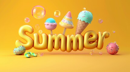 Inflated summer word. Balloon letters in golden color with ice cream and bubbles on the yellow background. Design element from cartoon bubble font