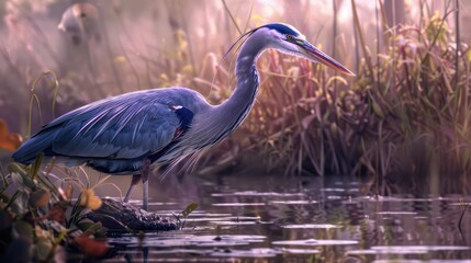 Fototapeta premium A heron with a purple hue is in search of its next meal