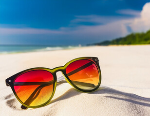 Green Frame Sunglasses on Sandy Beach