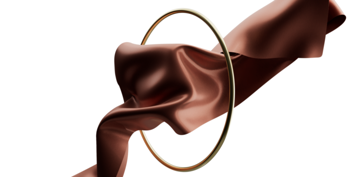 Flying rose gold silk textile fabric flag background. Golden ring around the fabric. Smooth elegant rose gold Satin Isolated on transparent Background 