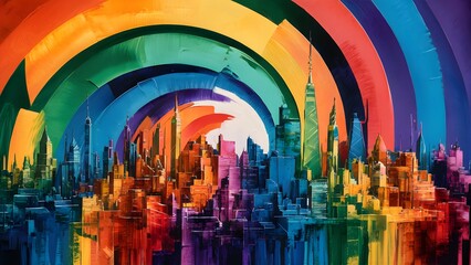 Rainbow coloured cityscape abstract painting, pride festival background illustration