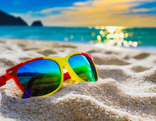 Colorful Frame Sunglasses on Sandy Beach