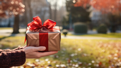 a hand holding a gift box with a red ribbon