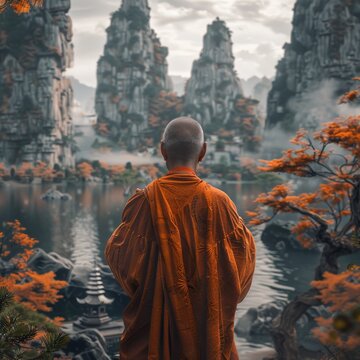 Monk Standing in Front of Body of Water