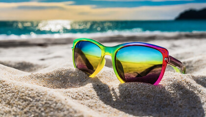 Fototapeta na wymiar Rainbow Frame Sunglasses on Sandy Beach