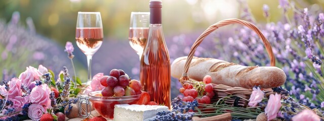 Picnic in a lavender field. Selective focus.