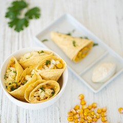 Healthy food together with friends. Fit recipes. Vegan dishes. Corn tortillas. Tasty