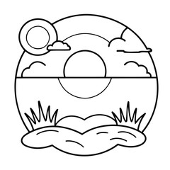 Cute vector illustration Sunset drawing for toddlers colouring page