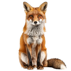 Fototapeta premium A red fox sitting calmly in front of a plain Png background, a fox isolated on transparent background