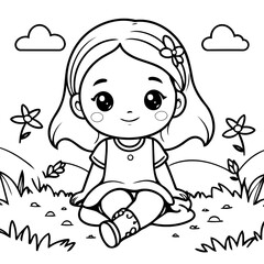 Simple vector illustration of Girl colouring page for kids