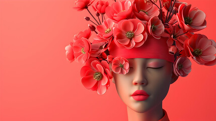 Serene portrait of a face adorned with a vibrant red floral headpiece against a matching background.