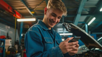 Smiling Mechanic with Smartphone