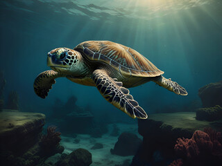 Fototapeta premium Green Sea Turtle Swims in the Deep Blue